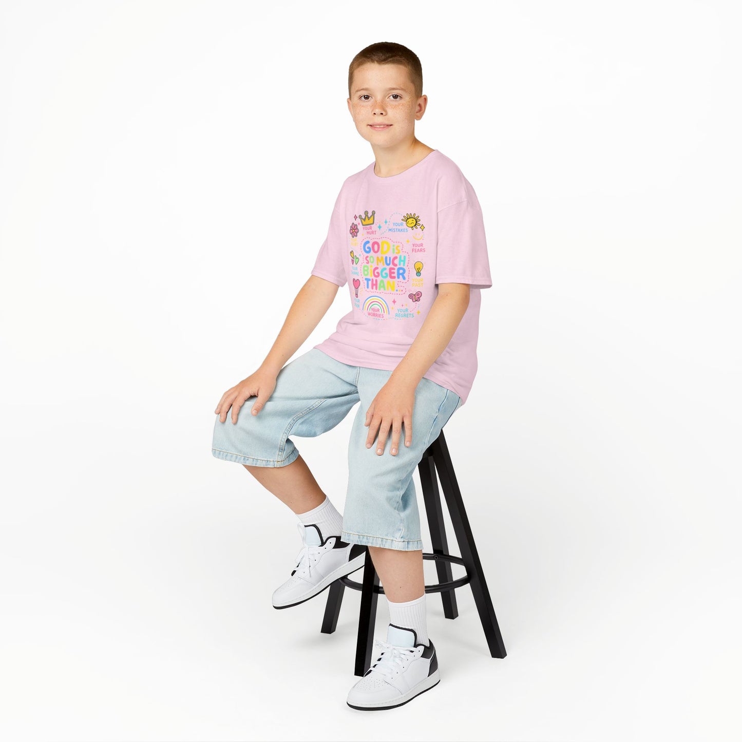 UNISEX Kids Tee — "God Is So Much Bigger Than" Colorful Faith Graphic