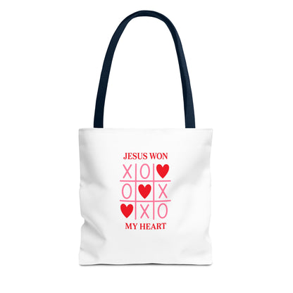 Tote Bag — "Jesus Won My Heart" Christian Scripture Heart Tic‑Tac‑Toe Design