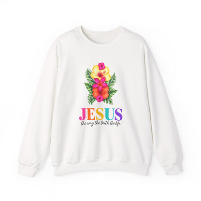 Floral Jesus Crewneck Sweatshirt — Tropical Hibiscus Faith Design