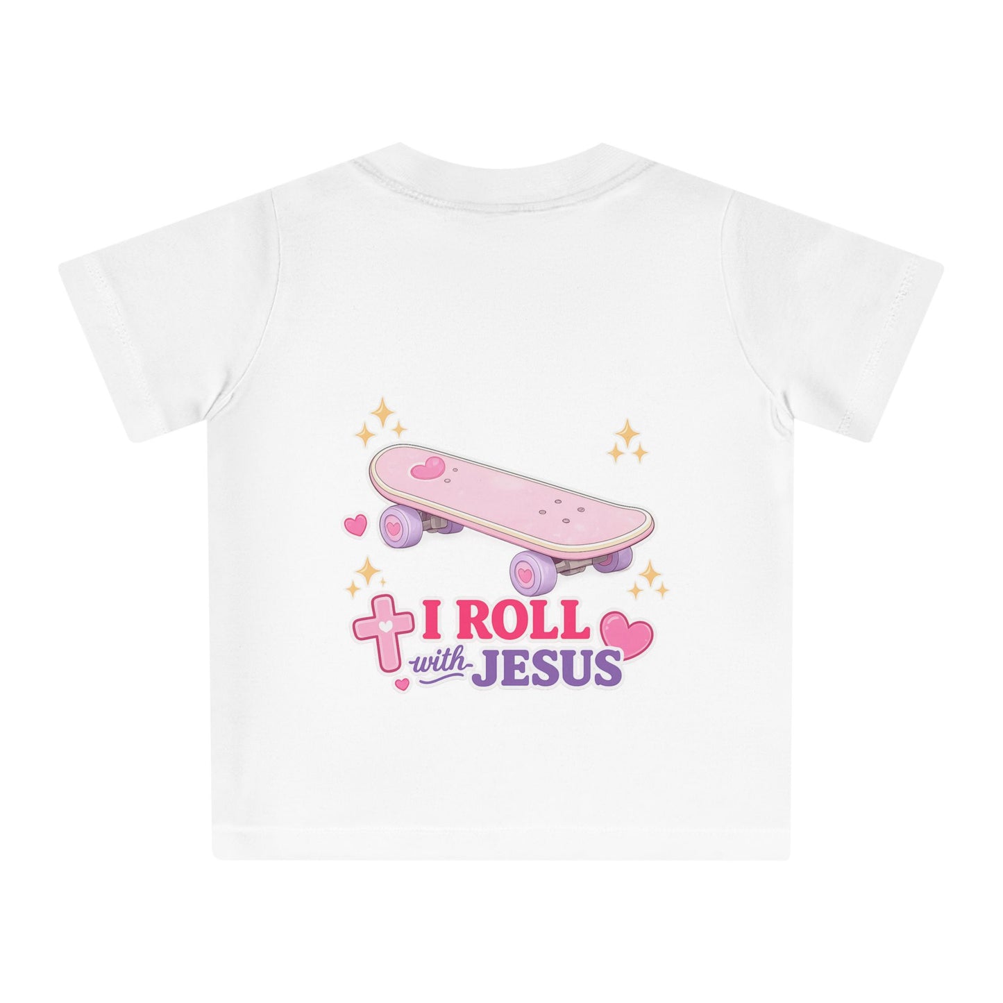 Baby T-Shirt — Pink Floral Christian Baby Tee “I Roll with Jesus” Inspirational Infant Shirt