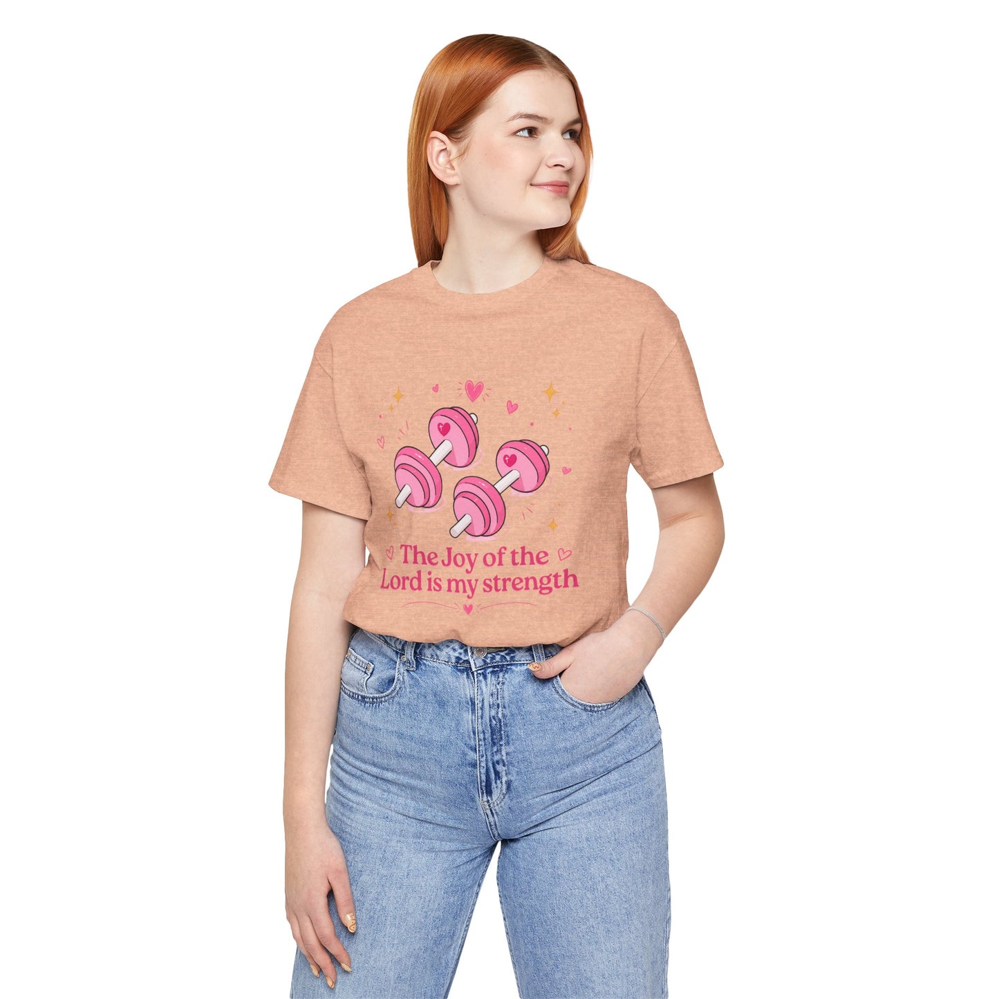 Christian Fitness T-Shirt — “The Joy of the Lord is My Strength” Pink Dumbbells Tee