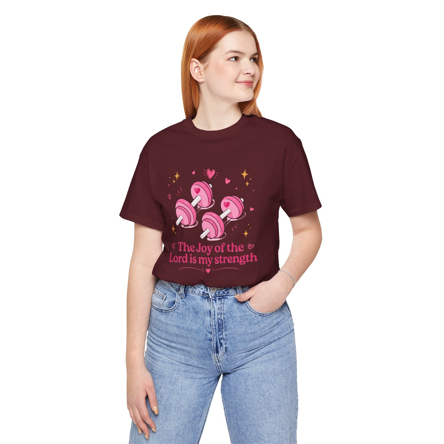 Christian Fitness T-Shirt — “The Joy of the Lord is My Strength” Pink Dumbbells Tee