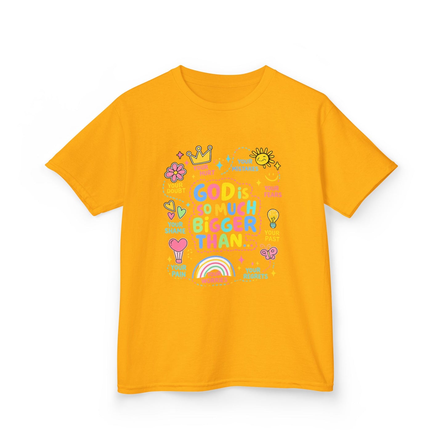 UNISEX Kids Tee — "God Is So Much Bigger Than" Colorful Faith Graphic