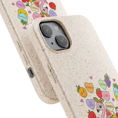 Biodegradable Phone Case — Cute Flamingo & Fruit Hearts "Fruity Love" Eco-Friendly iPhone Cover