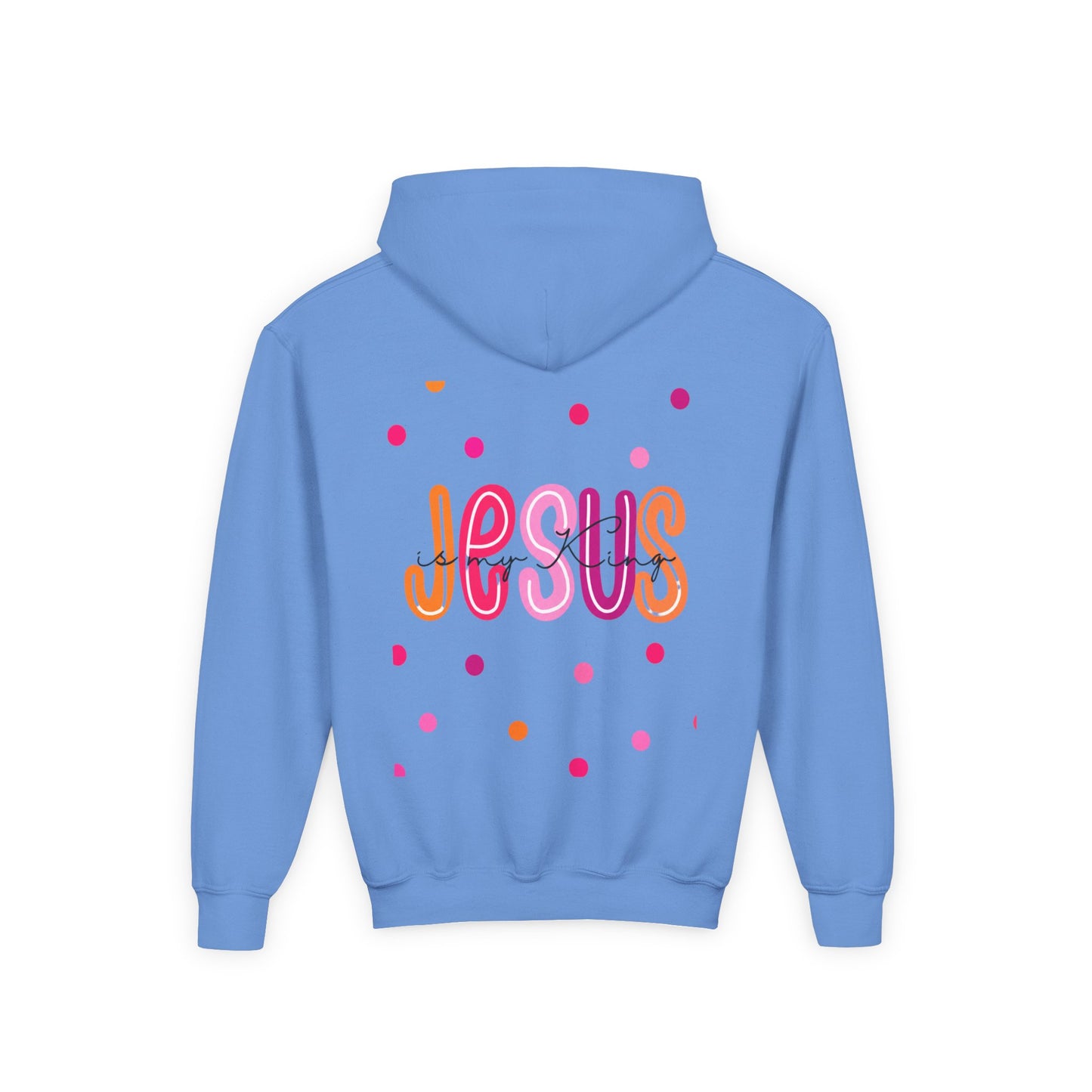 Youth Hoodie — “Jesus” Colorful Polka Dot Christian Pullover