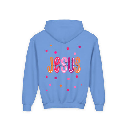 Youth Hoodie — “Jesus” Colorful Polka Dot Christian Pullover
