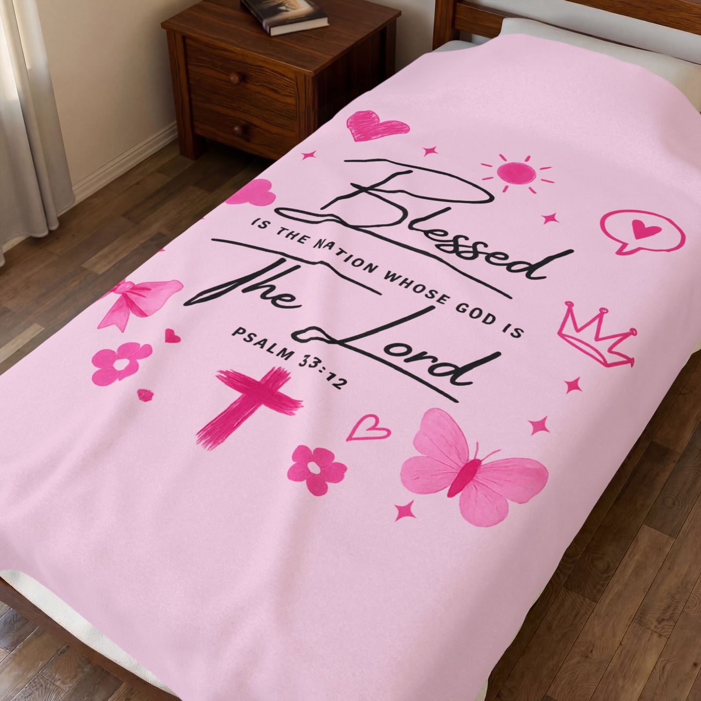 Blessed by the Lord Velveteen Plush Blanket — Pink Christian Scripture Psalm 33:12 Throw
