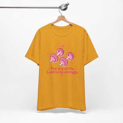 Christian Fitness T-Shirt — “The Joy of the Lord is My Strength” Pink Dumbbells Tee