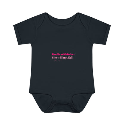 Infant Bodysuit – "God Is Within Her She Will Not Fall" Pink Cross Christian Baby Onesie