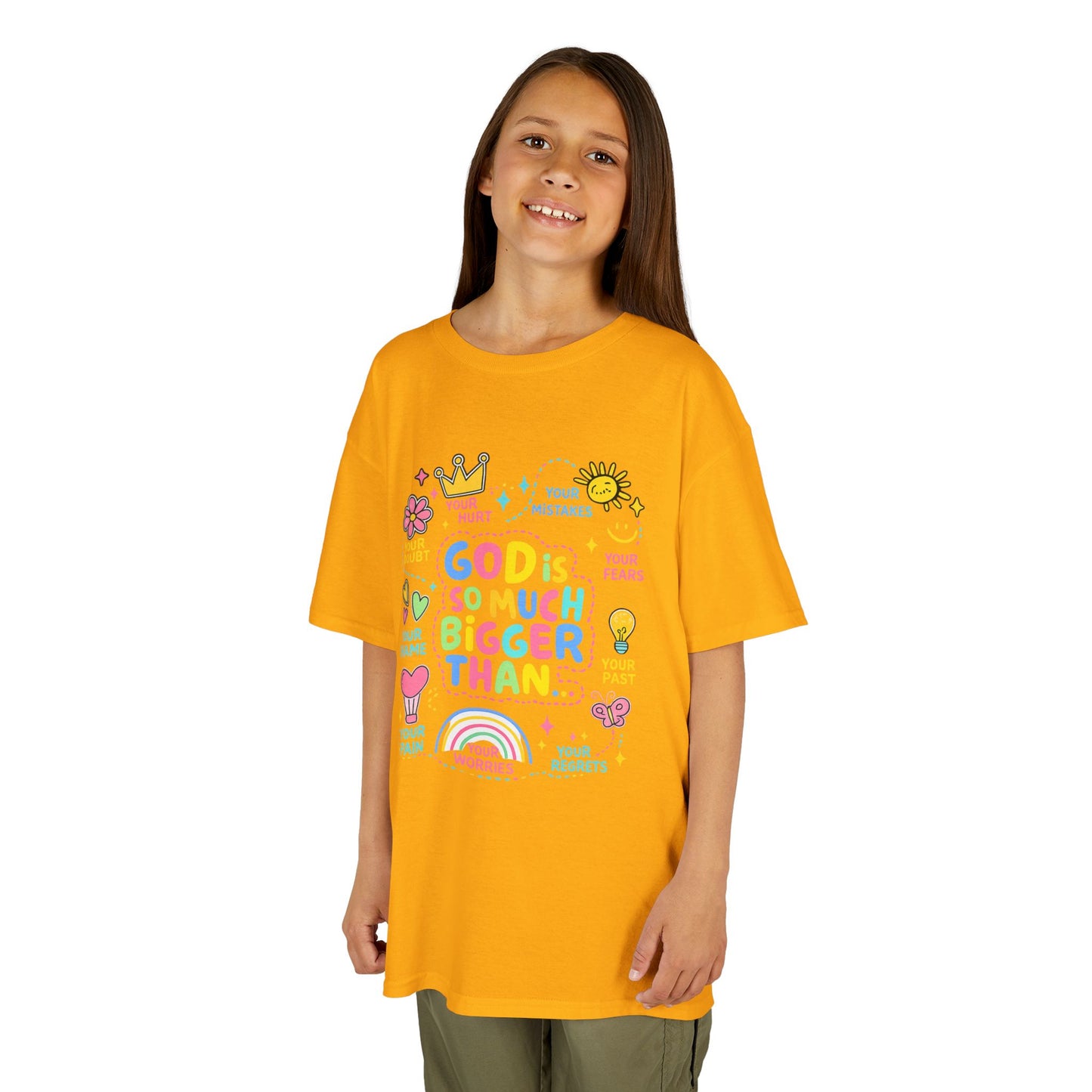 UNISEX Kids Tee — "God Is So Much Bigger Than" Colorful Faith Graphic