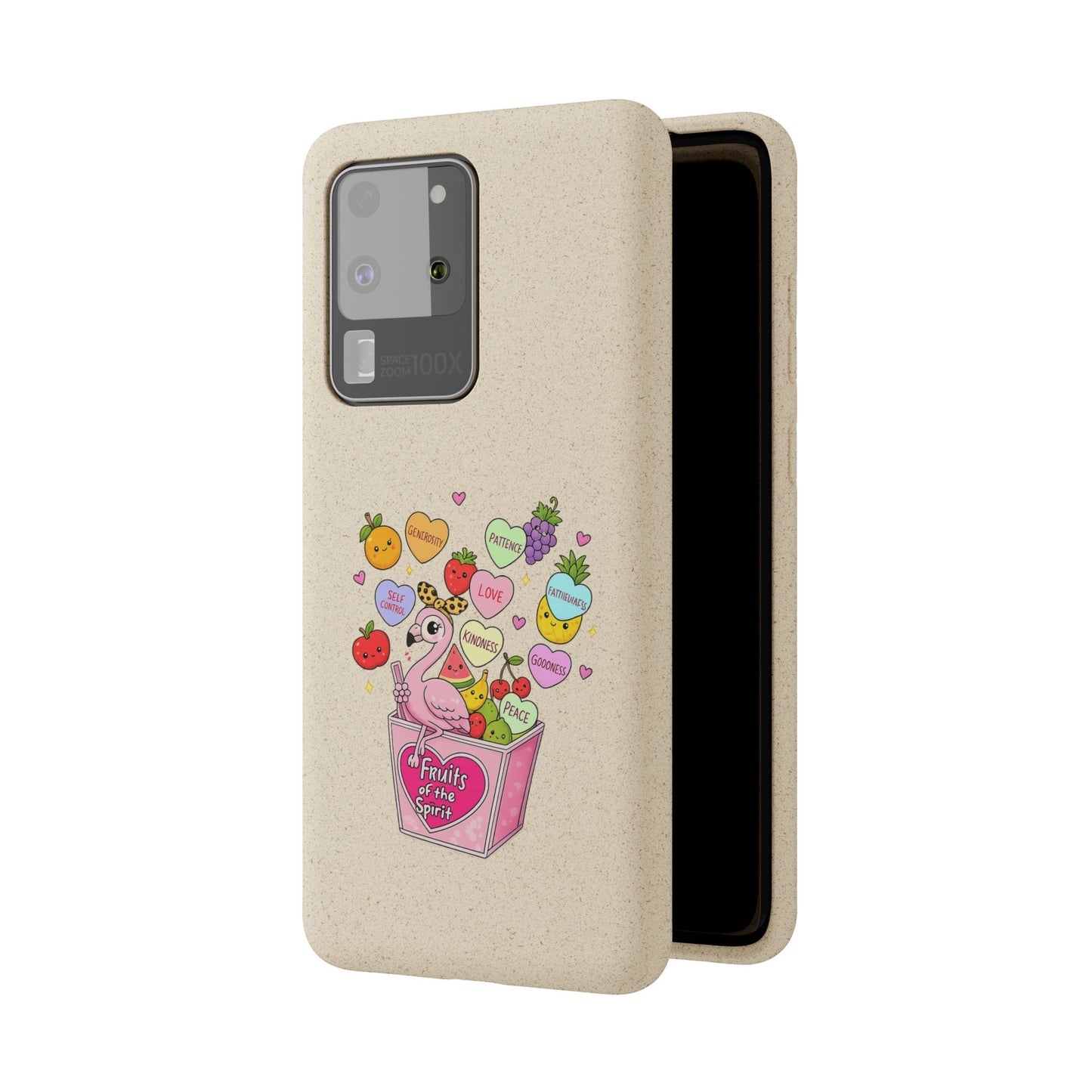 Biodegradable Phone Case — Cute Flamingo & Fruit Hearts "Fruity Love" Eco-Friendly iPhone Cover