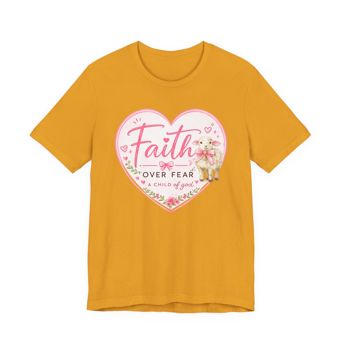 Faith Over Fear Heart T‑Shirt — Pink Floral Lamb Christian Tee