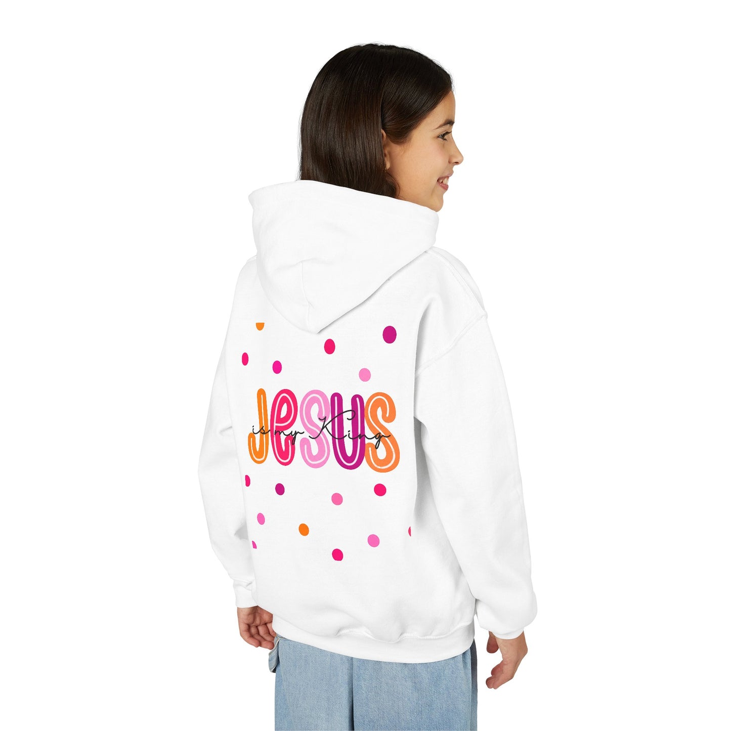 Youth Hoodie — “Jesus” Colorful Polka Dot Christian Pullover