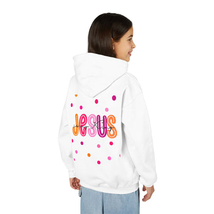 Youth Hoodie — “Jesus” Colorful Polka Dot Christian Pullover