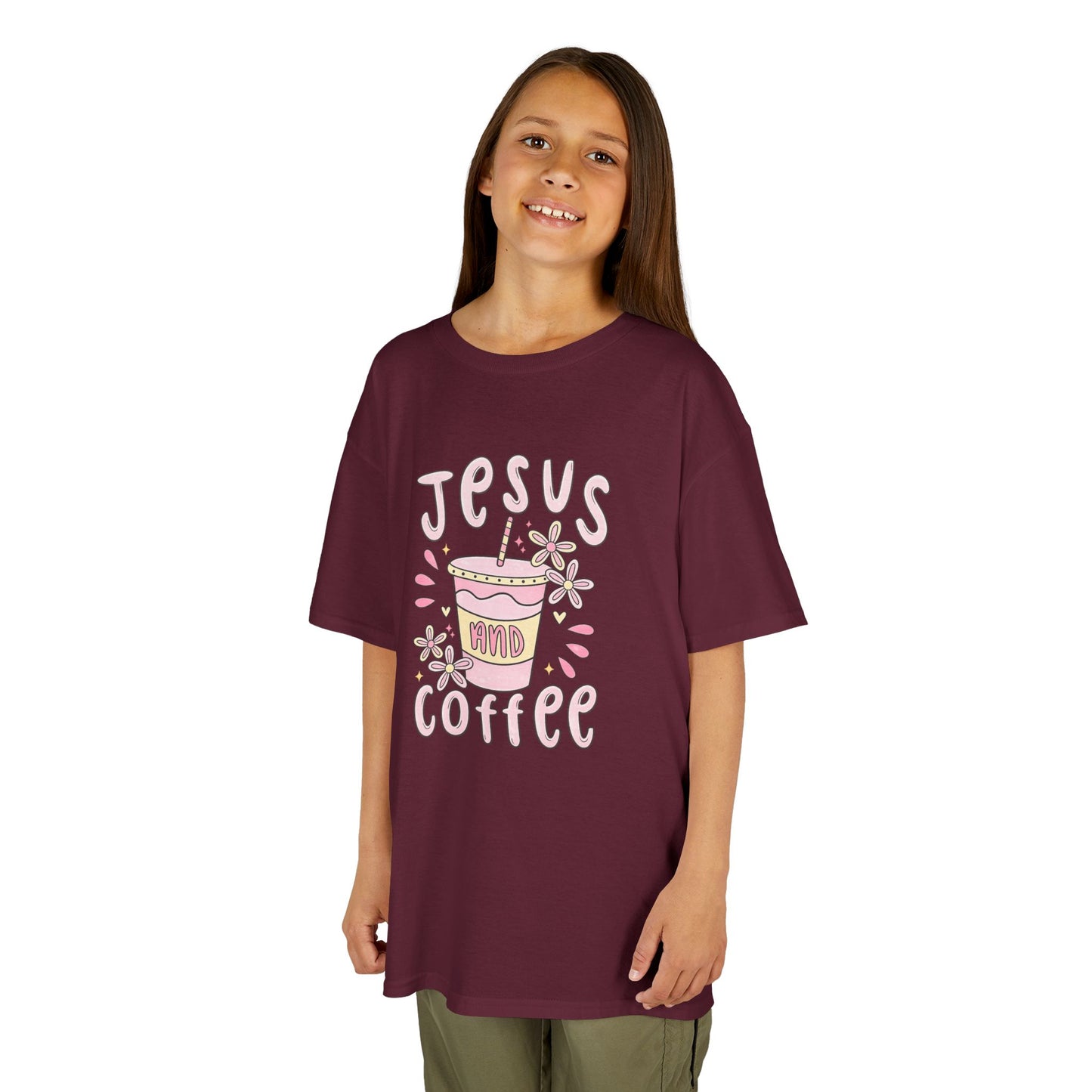 Kids Tee — “Jesus & Coffee” Cute Pastel Faith Graphic