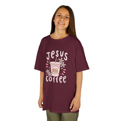 Kids Tee — “Jesus & Coffee” Cute Pastel Faith Graphic