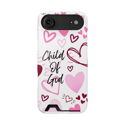 Phone Case — "Child of God" Card Holder Case, Pink Hearts Christian Phone Cover