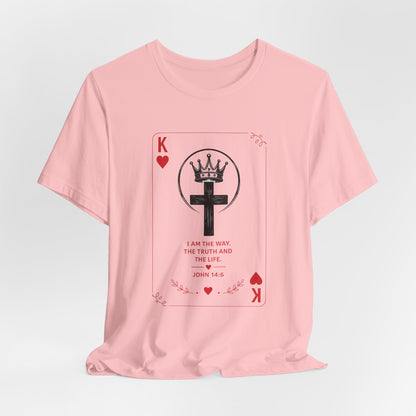 King of Hearts Christian T-Shirt — John 14:6 Cross & Crown Playing Card Design