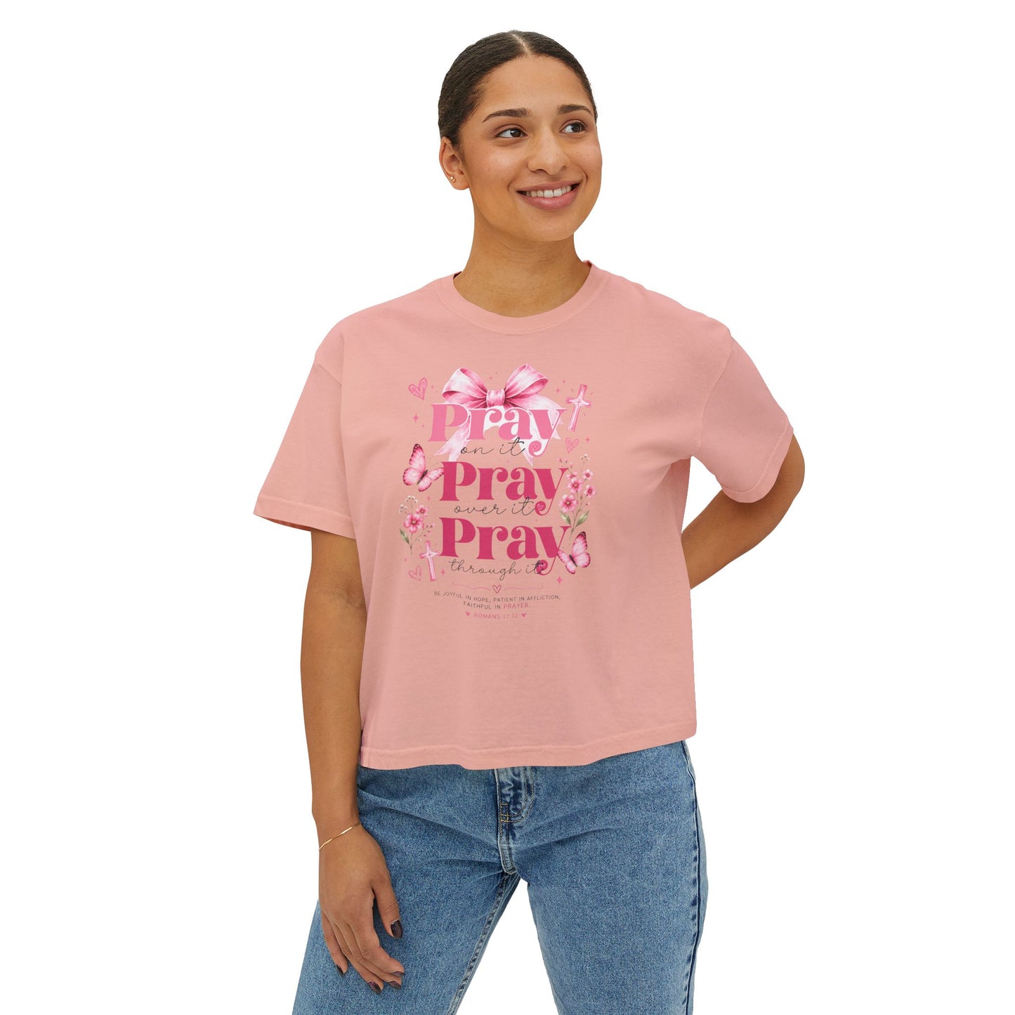 Pray Pray Pray Women's Boxy Tee — Pink Faith Floral Graphic