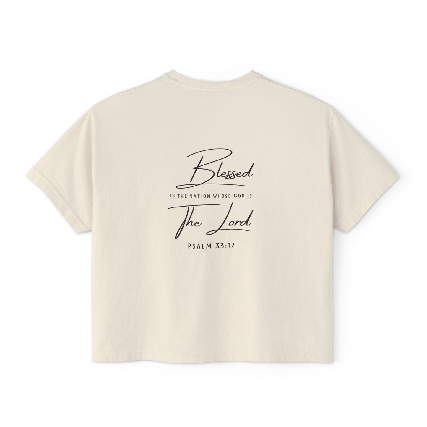 Blessed Tee — Women’s Boxy Christian T-Shirt with Flag Cross (Psalm 33:12)