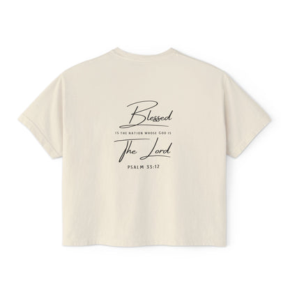 Blessed Tee — Women’s Boxy Christian T-Shirt with Flag Cross (Psalm 33:12)