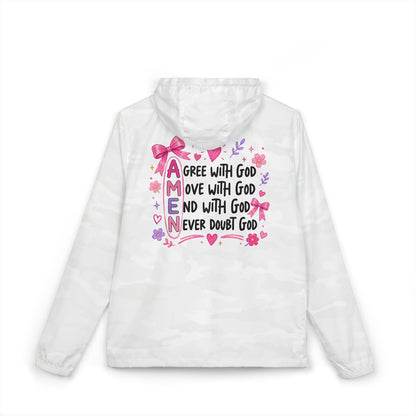 Windbreaker Jacket — Pink Floral Cross "Amen" Faith Design (Agree, Move, Endure)