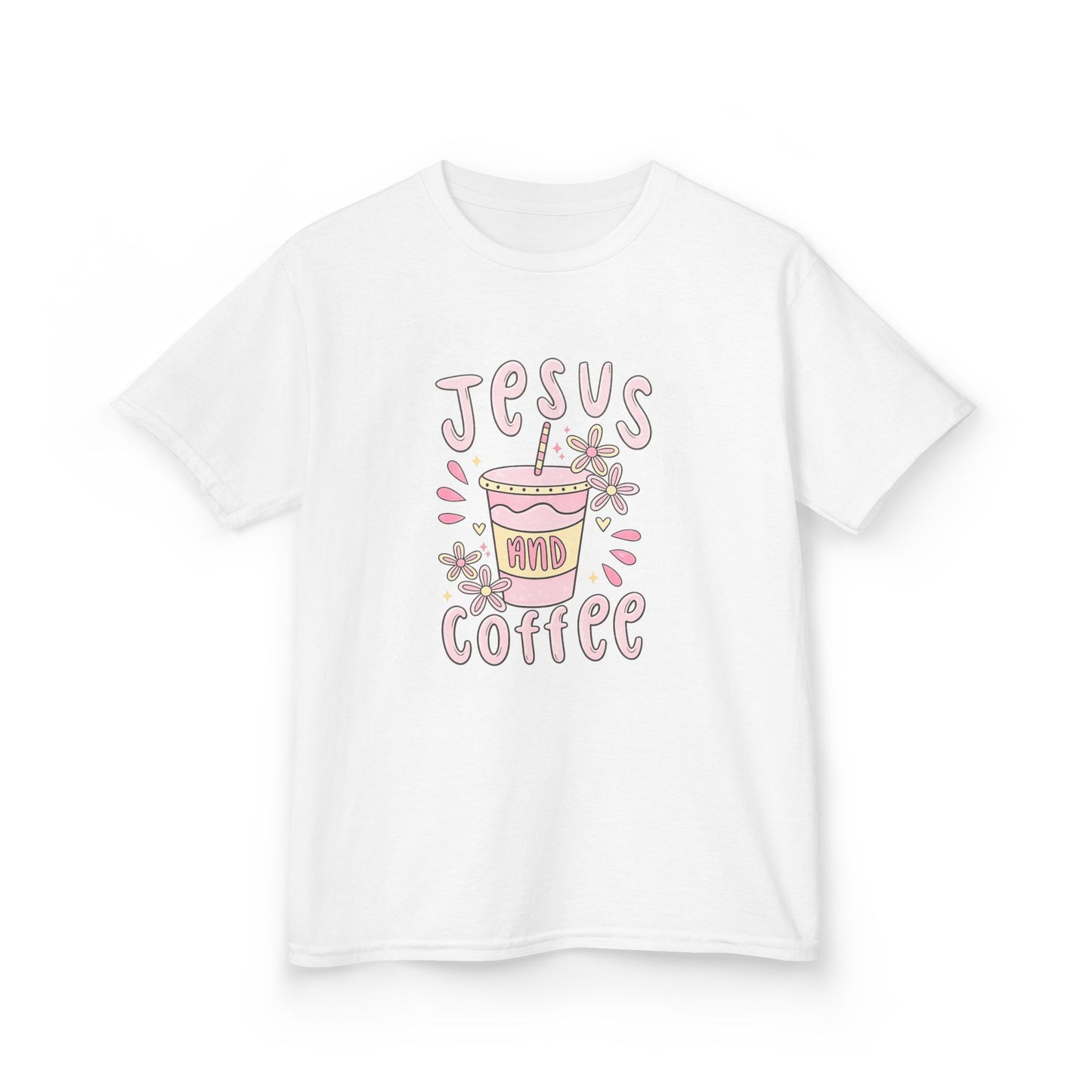 Kids Tee — “Jesus & Coffee” Cute Pastel Faith Graphic