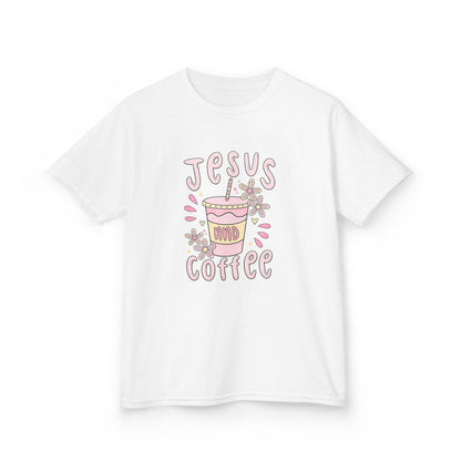 Kids Tee — “Jesus & Coffee” Cute Pastel Faith Graphic