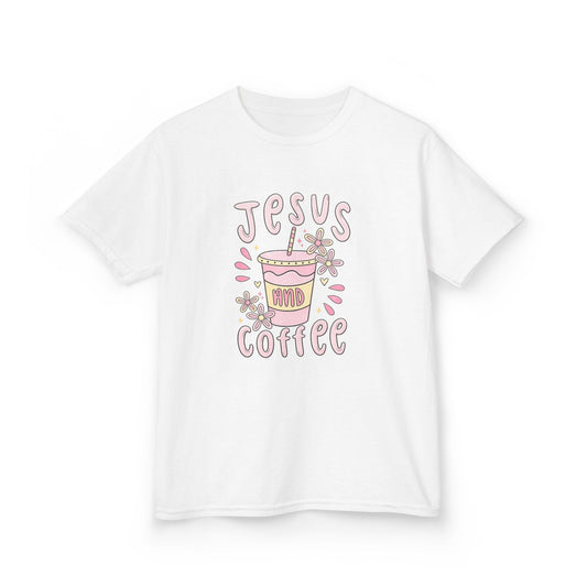 Kids Tee — “Jesus & Coffee” Cute Pastel Faith Graphic