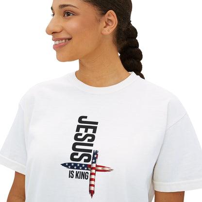 Jesus Is King American Flag Cross Women's Boxy Tee