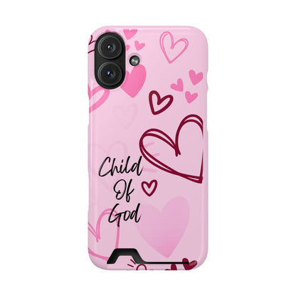 Pink "Child of God" Phone Card Case — Heart Pattern Religious Phone Case with Card Holder