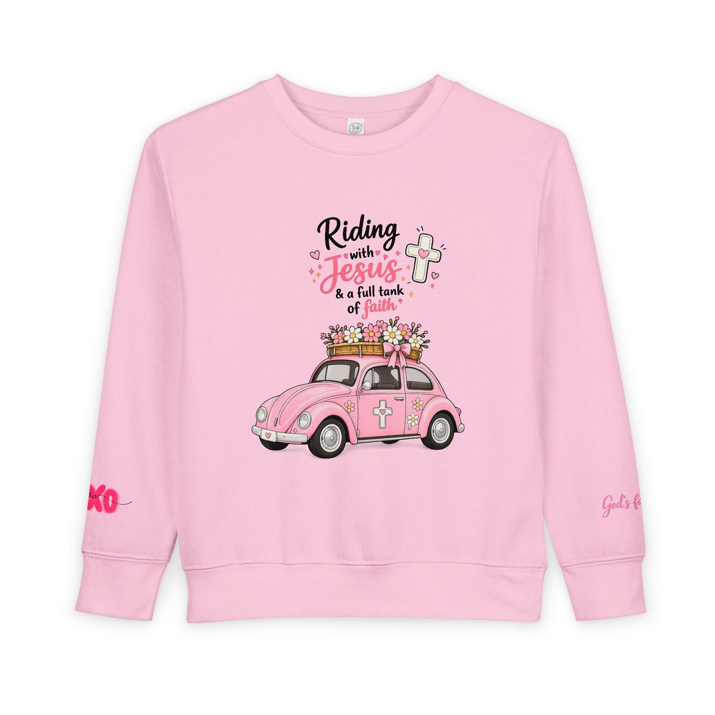 Toddler Sweatshirt - "Riding with Jesus" Pink Beetle Faith Kids Pullover