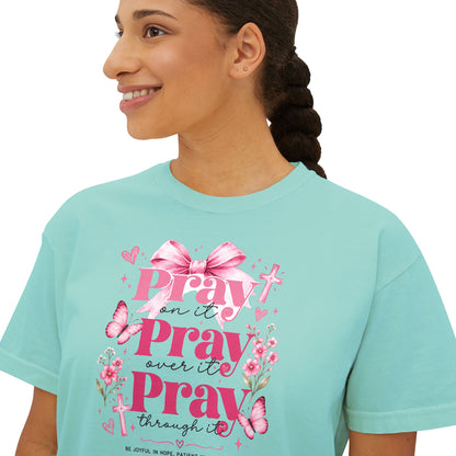 Pray Pray Pray Women's Boxy Tee — Pink Faith Floral Graphic