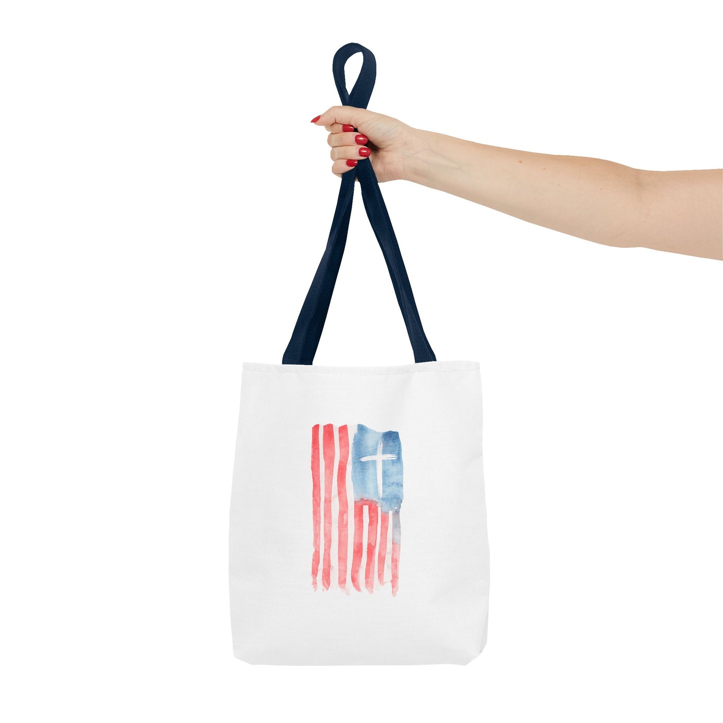 Patriotic Faith Tote Bag — Watercolor Flag with Cross & "Blessed By the Lord" Scripture