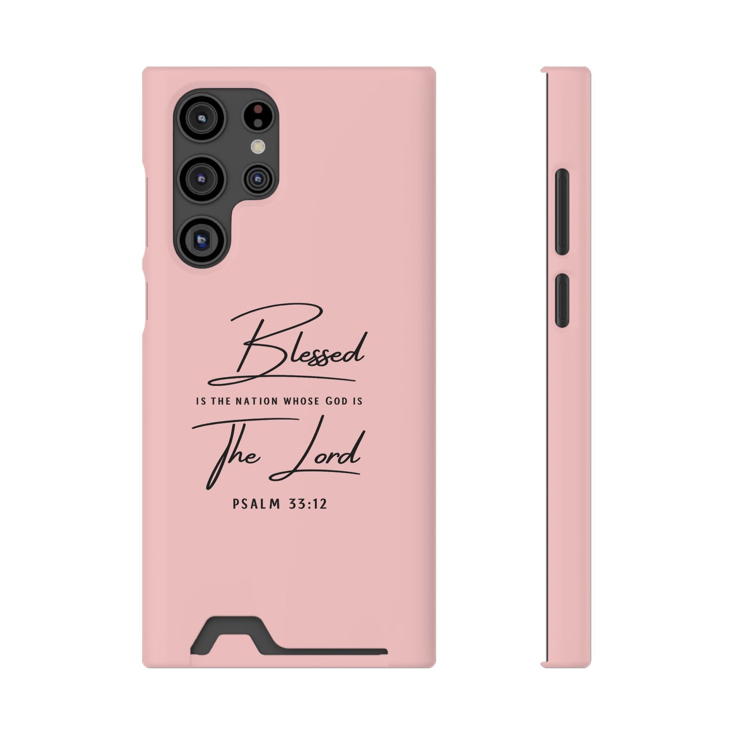 Blessed The Lord Pink Phone Case with Card Holder — Psalm 33:12 Christian Wallet Case