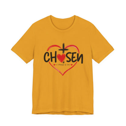 Chosen Heart Christian T-Shirt — "Chosen" with Cross & 1 Peter 2:9 Faith Tee