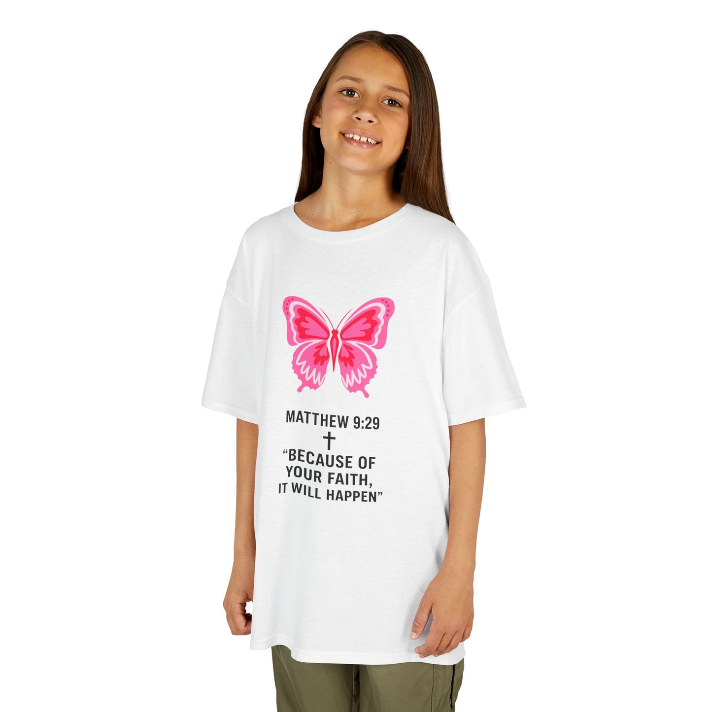 Kids Tee — Pink Butterfly with Matthew 9:29 Inspirational Faith Quote