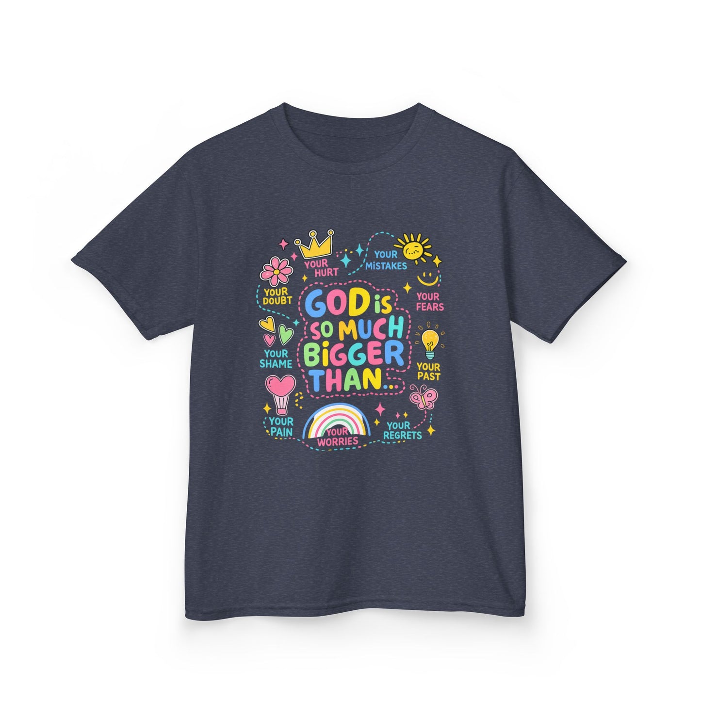 UNISEX Kids Tee — "God Is So Much Bigger Than" Colorful Faith Graphic