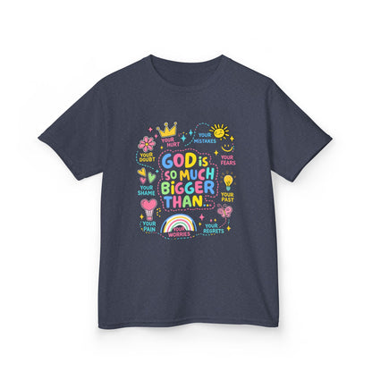 UNISEX Kids Tee — "God Is So Much Bigger Than" Colorful Faith Graphic