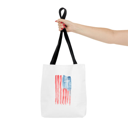 Patriotic Faith Tote Bag — Watercolor Flag with Cross & "Blessed By the Lord" Scripture