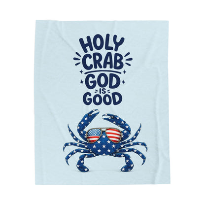 Velveteen Plush Blanket - "Holy Crab God Is Good" Patriotic Crab Throw (4th of July, Coastal Beach Gift)