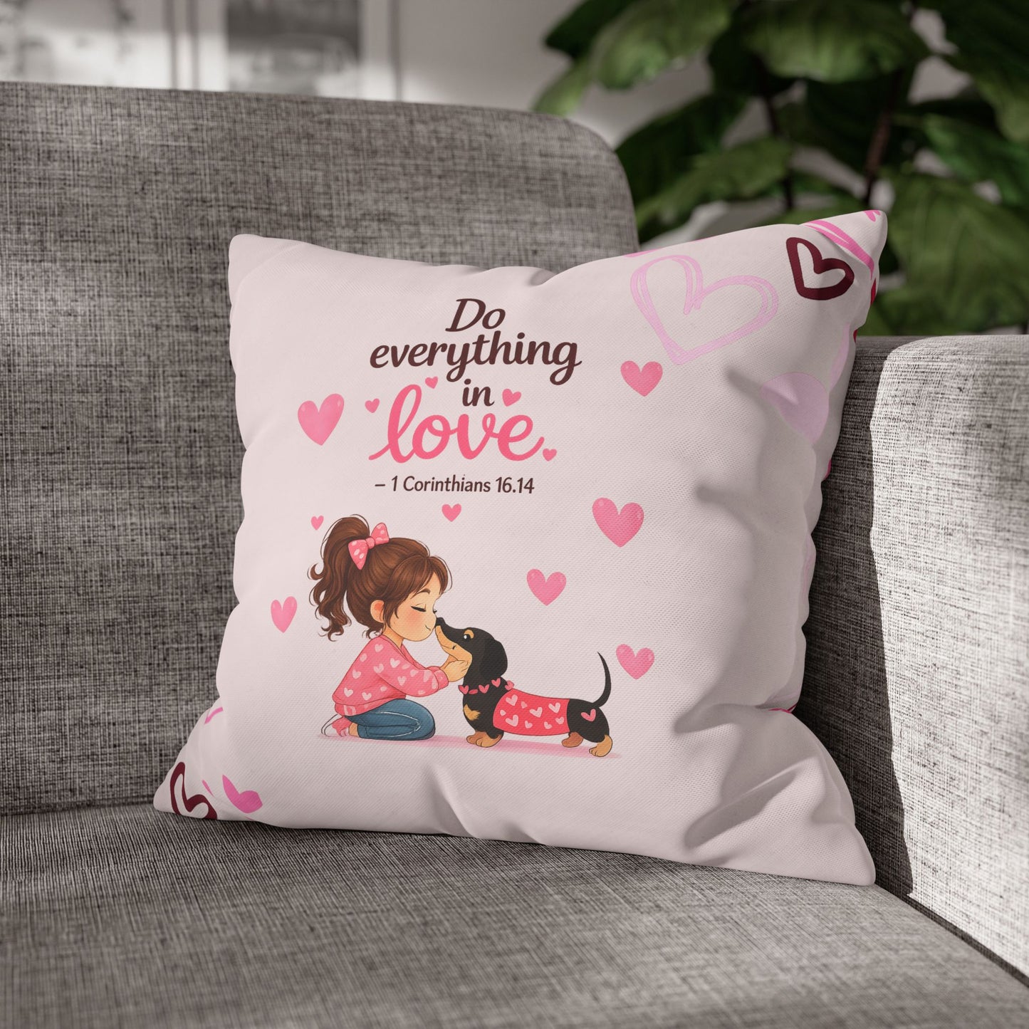Do Everything in Love Pillowcase — Pink Christian Decorative Throw Pillow