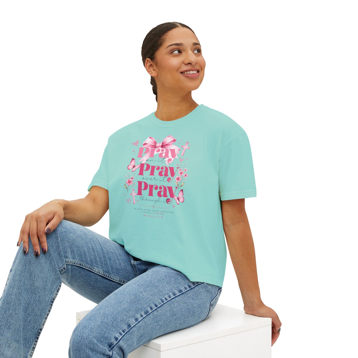 Pray Pray Pray Women's Boxy Tee — Pink Faith Floral Graphic