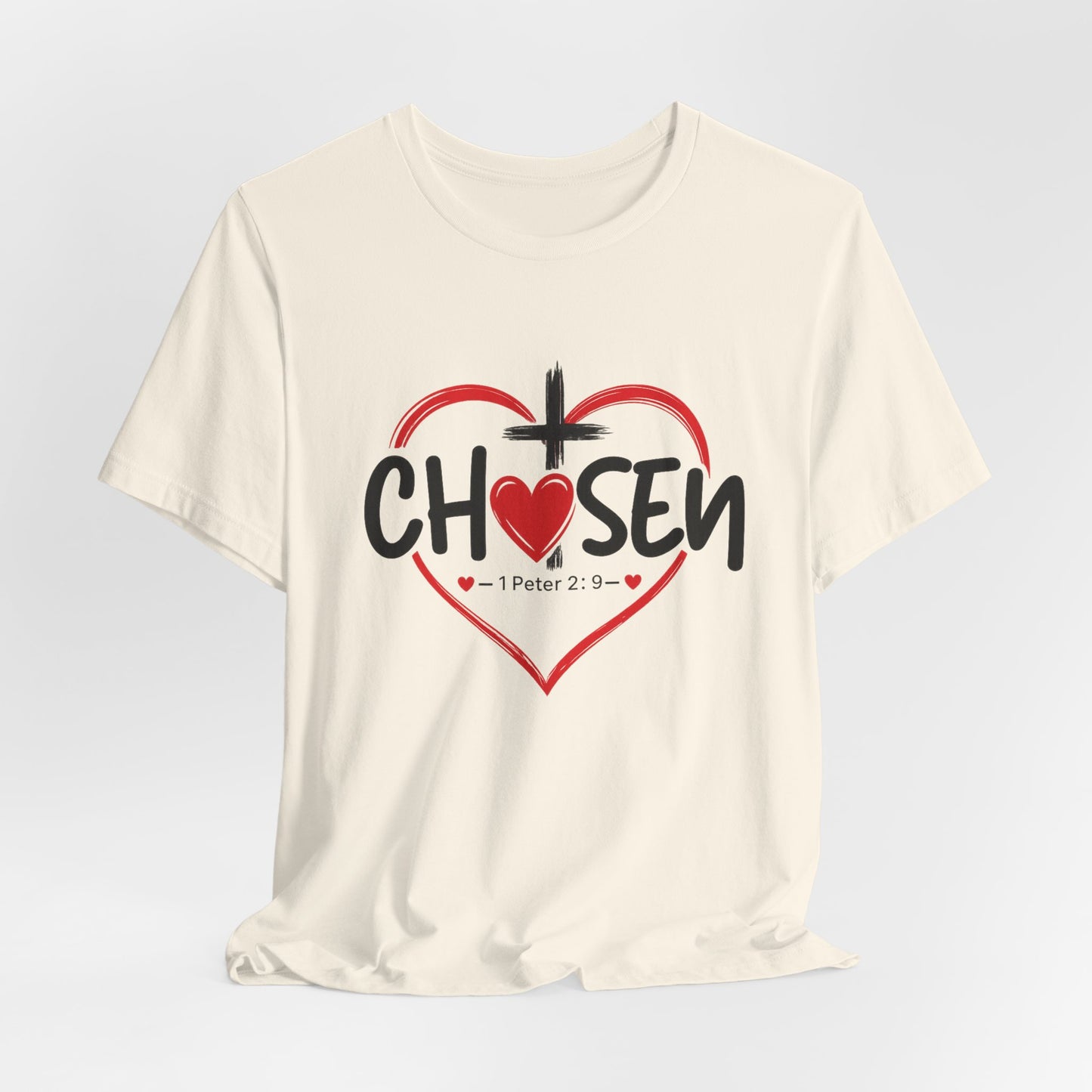 Chosen Heart Christian T-Shirt — "Chosen" with Cross & 1 Peter 2:9 Faith Tee