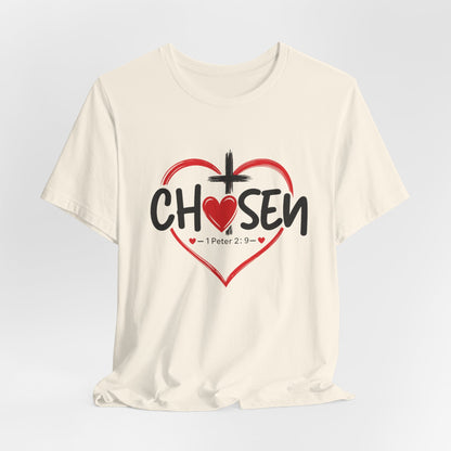 Chosen Heart Christian T-Shirt — "Chosen" with Cross & 1 Peter 2:9 Faith Tee