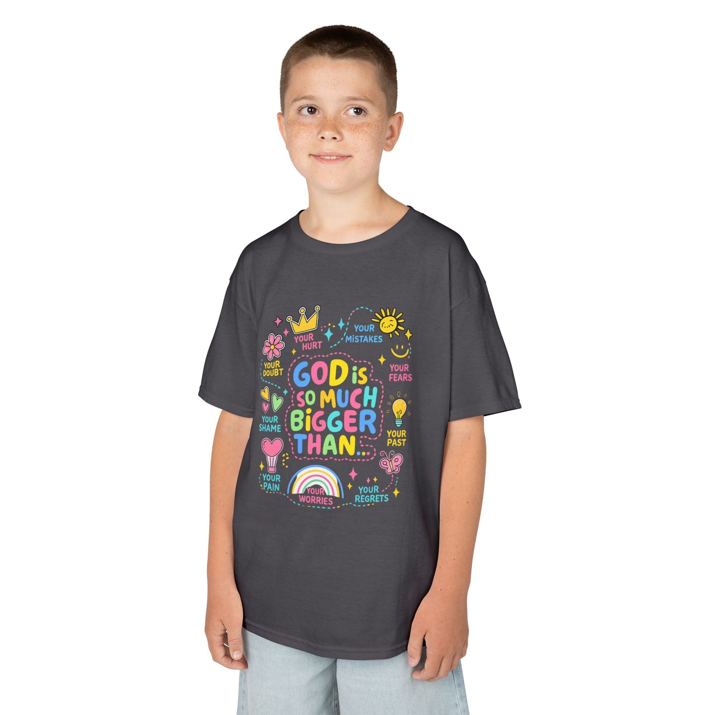 UNISEX Kids Tee — "God Is So Much Bigger Than" Colorful Faith Graphic