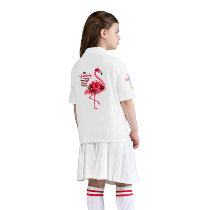Youth Polo Shirt — Pink Floral Flamingo Kids' Polo (Hearts & Colorful Sleeves)