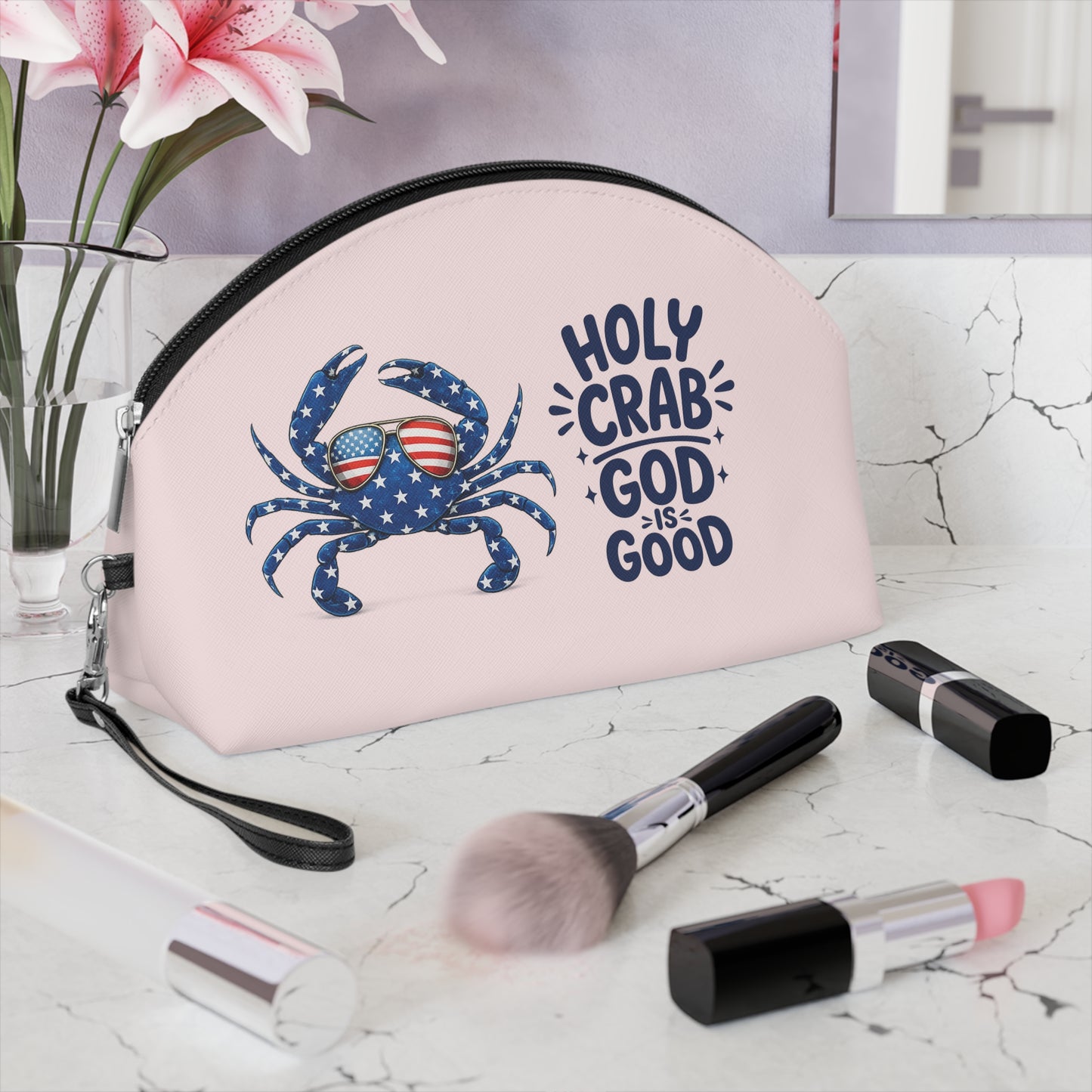 Makeup Bag — 'Holy Crab God is Good' Patriotic Crab Cosmetic Pouch