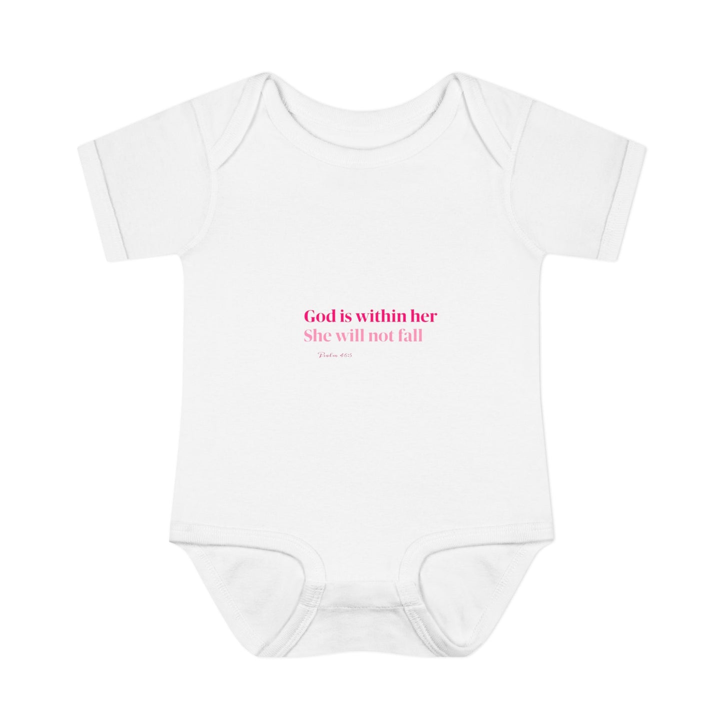 Infant Bodysuit – "God Is Within Her She Will Not Fall" Pink Cross Christian Baby Onesie