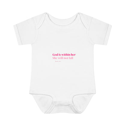 Infant Bodysuit – "God Is Within Her She Will Not Fall" Pink Cross Christian Baby Onesie